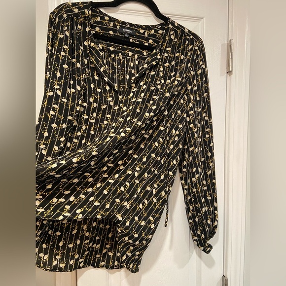 Premise Studio Black Yellow Floral Striped V Neck Tie Long Sleeve Blouse Size M - Picture 2 of 11